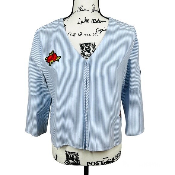 La sorella Blue top striped V-neckline Bell sleeve with butterflies patch size L - Picture 5 of 13